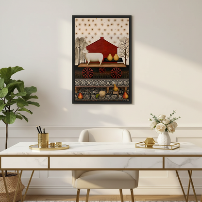 Black-framed folk art sheep and pears canvas wall art with decorative floral bands displayed beside a bed.