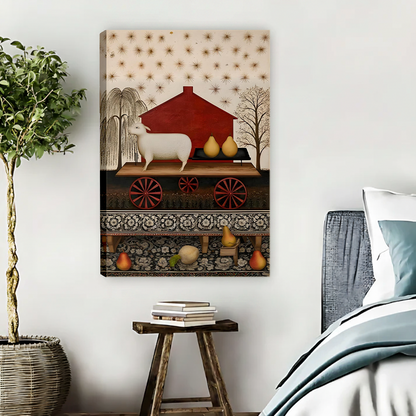 Black-framed folk art sheep and pears canvas wall art displayed above a cream sofa in a bright living room.