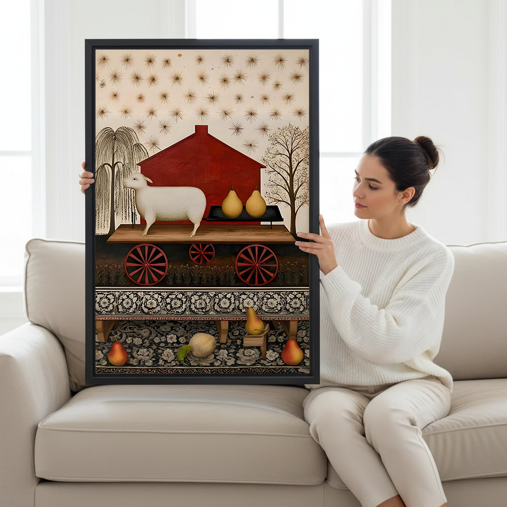 Framed folk art sheep and pears canvas wall art featuring a red house above a white and gold desk.