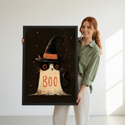 Woman holding primitive folk art sheep pumpkin farmhouse framed canvas print for size reference