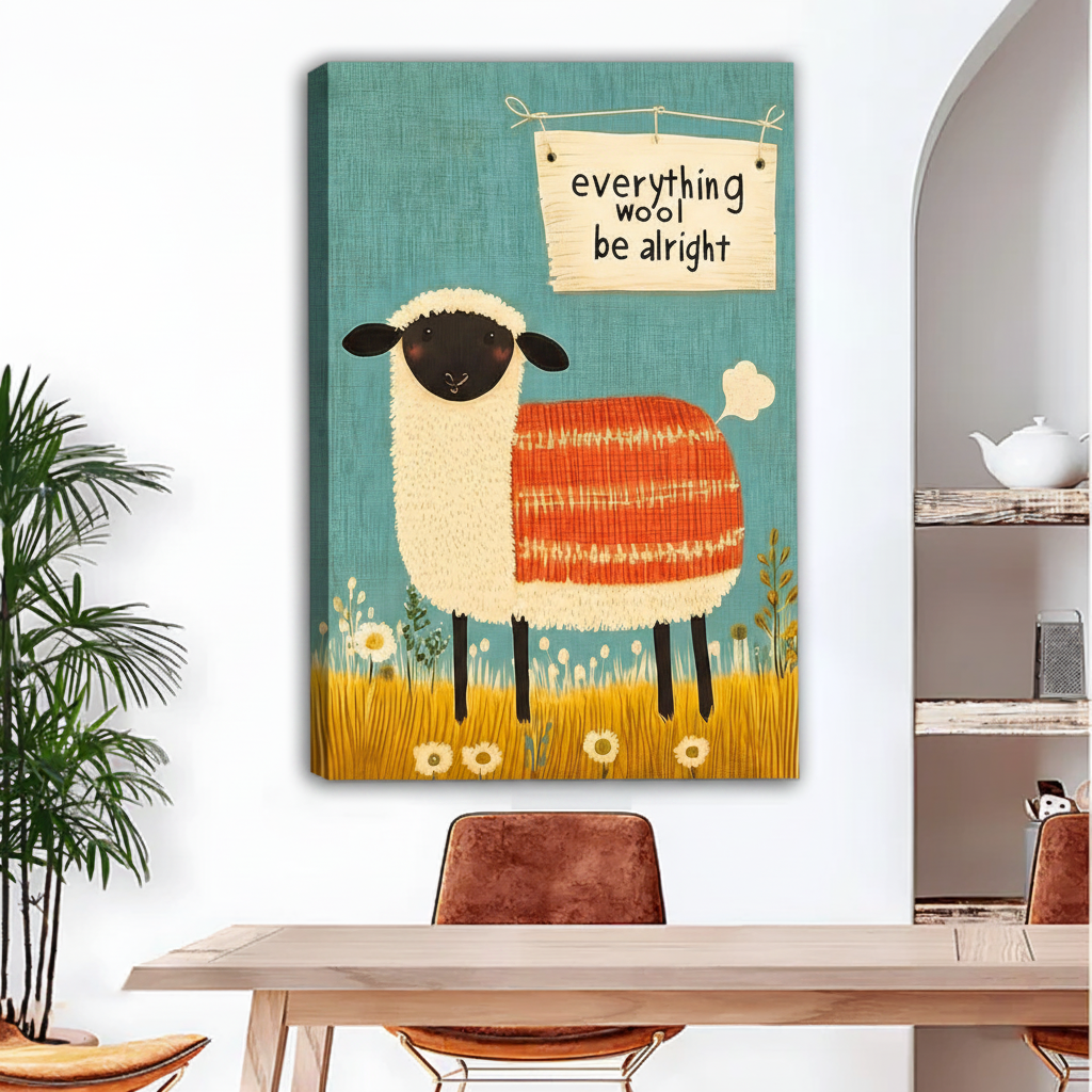 Folk art sheep canvas wall art gallery wrap with everything wool be alright quote displayed above dining table
