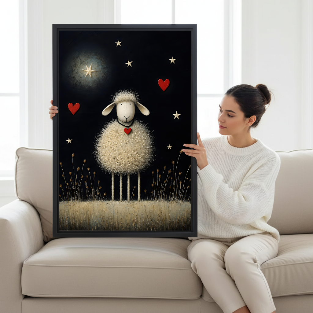 Woman holding large folk art sheep starry night framed canvas wall art on cream sofa to show print size