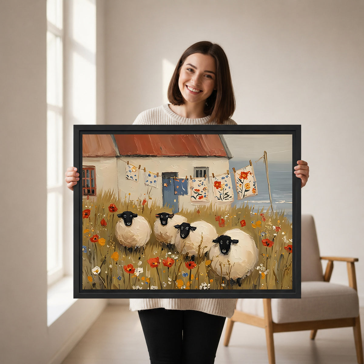 Smiling brunette woman holding large folk art four black-faced sheep wildflower meadow coastal cottage black framed canvas wall art size reference in bright white room with linen armchair