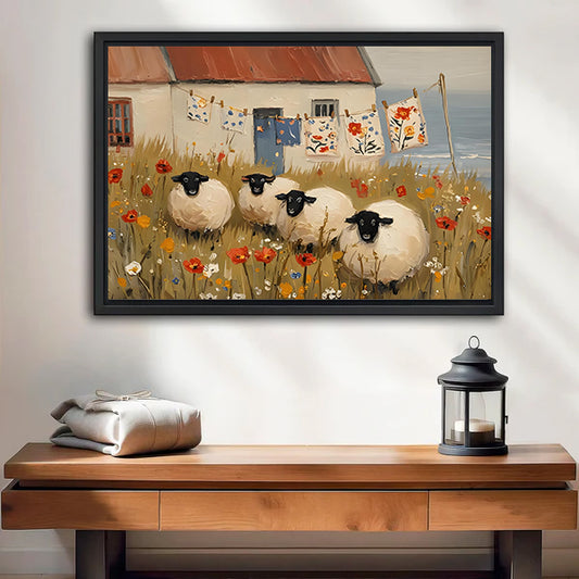 Folk art four black-faced sheep red poppy wildflower meadow coastal cottage clothesline black framed canvas wall art on white wall above warm wood console table with metal lantern