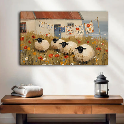 Folk art four black-faced sheep red poppy wildflower coastal cottage embroidered linens clothesline gallery wrap canvas wall art on white wall above wood console table and iron lantern