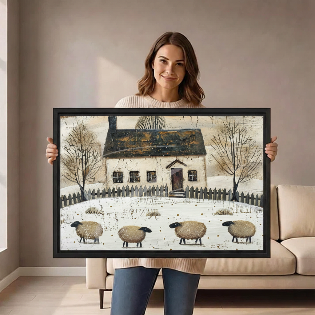 Woman holding horizontal framed canvas of four woolly sheep in snowy field before white country cottage with dark roof and bare trees