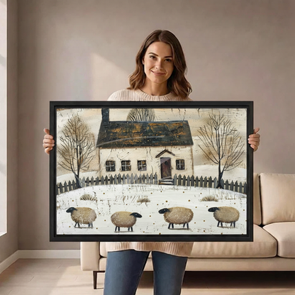 Woman holding horizontal framed canvas of four woolly sheep in snowy field before white country cottage with dark roof and bare trees