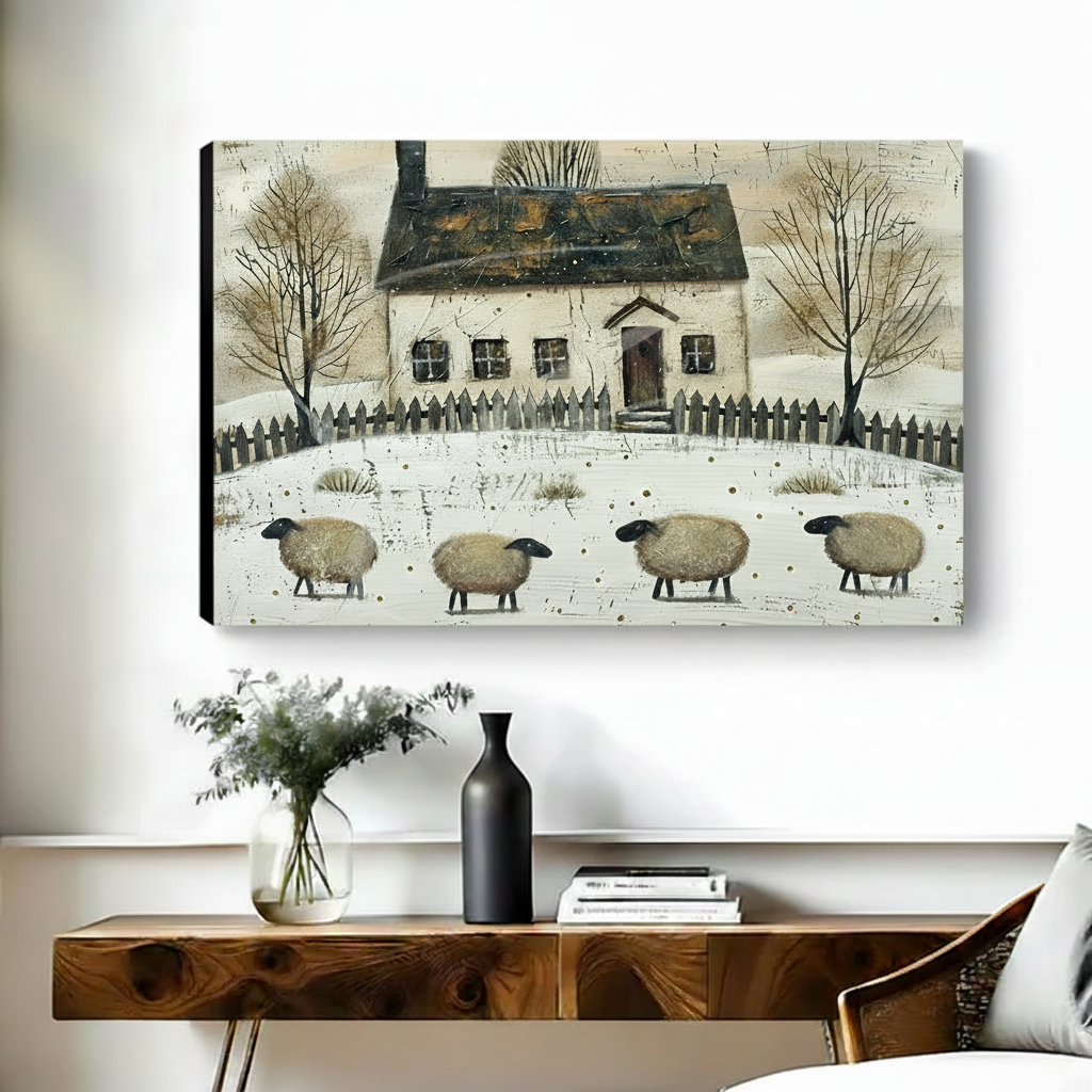 Frameless canvas of four woolly sheep in snow before a white winter cottage with dark roof and bare trees above walnut console table