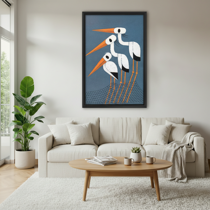 Folk art stork birds framed canvas print above cream sofa in bright Scandinavian living room