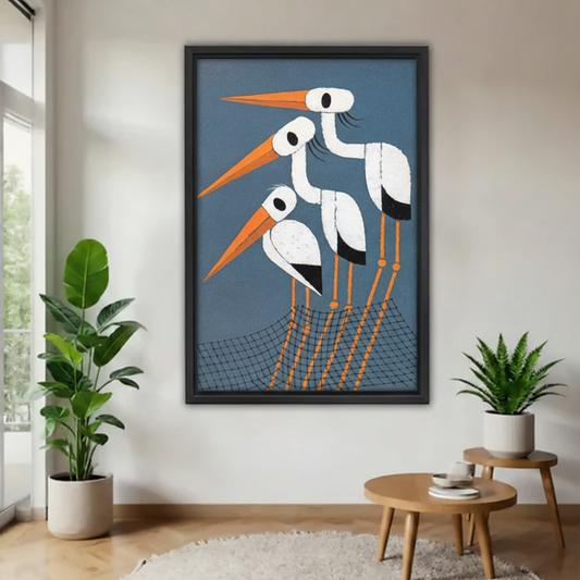 Folk art stork bird canvas wall art in black frame hanging between two green plants