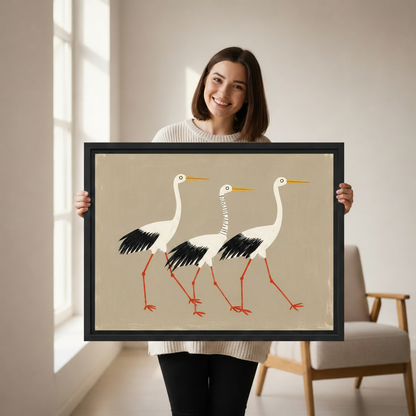 Hand holding folk art stork canvas print showing red-legged birds in Japanese inspired style