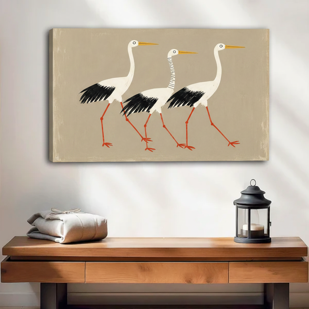 Japanese style stork unframed gallery wrap canvas art with three walking birds on warm taupe background