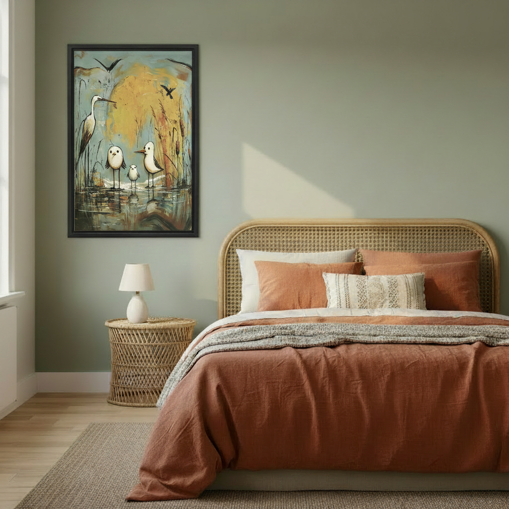 Folk art wetland birds black framed canvas print on sage green bedroom wall above rattan bed with terracotta bedding