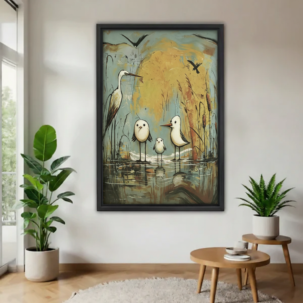 Folk art wetland birds framed canvas wall art hung on white wall in minimalist room with indoor plants and round side table