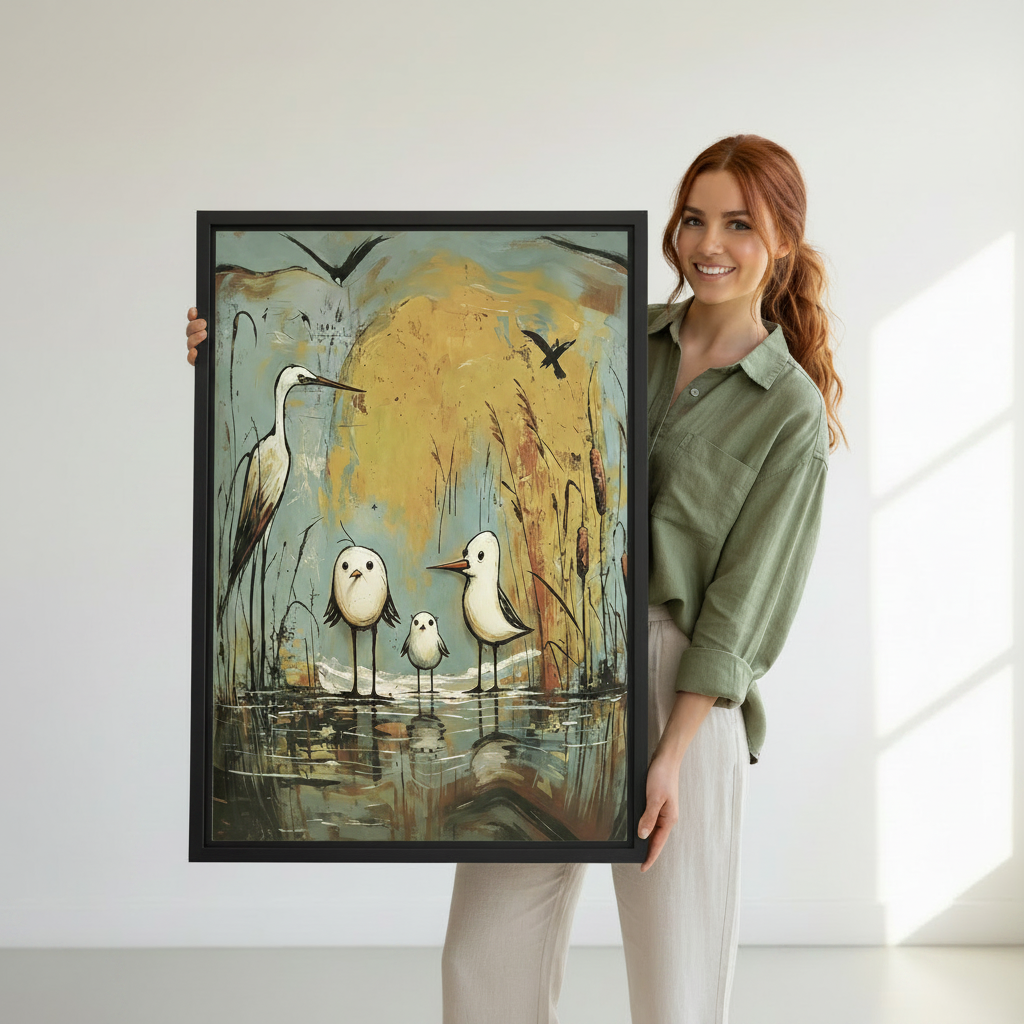 Smiling woman holding large black framed folk art wetland birds canvas wall art in bright white studio
