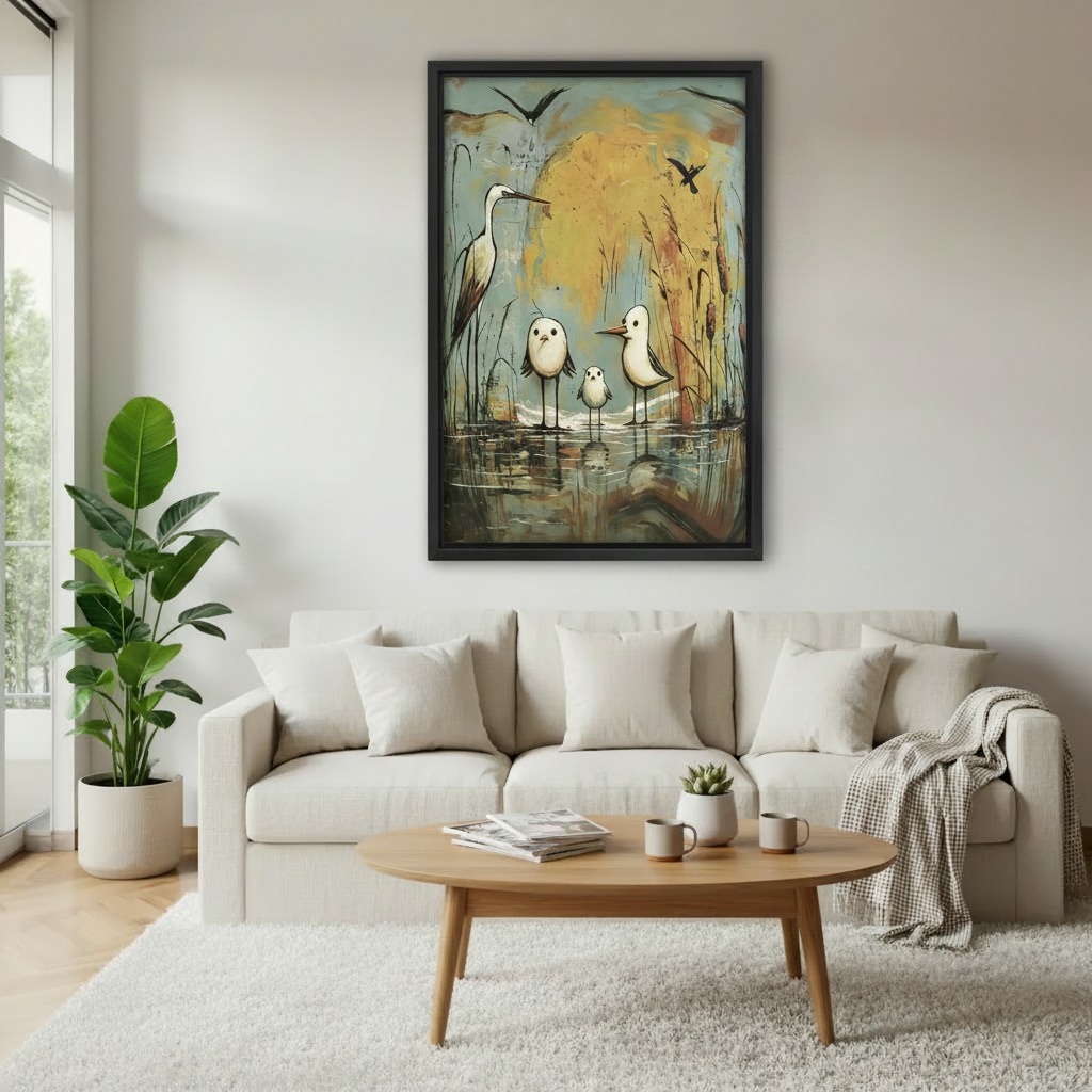 Folk art wetland birds framed canvas wall art displayed above beige sofa in cozy Scandinavian living room with coffee table