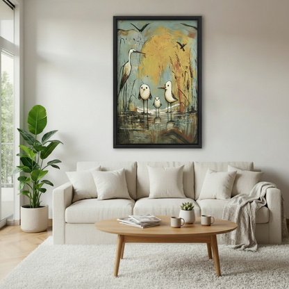 Folk art wetland birds framed canvas wall art displayed above beige sofa in cozy Scandinavian living room with coffee table