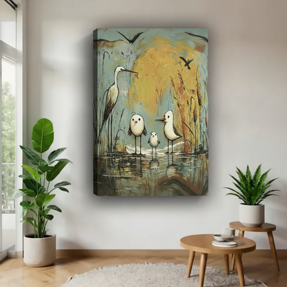 Quirky wetland birds folk art gallery wrap canvas with visible side depth mounted on white wall beside indoor plants
