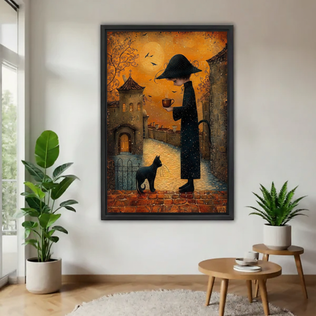 Folk art witch black cat autumn town canvas wall art in black float frame displayed on white wall flanked by two green potted plants