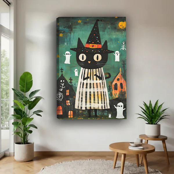 Framed naive folk art witch cat canvas wall art above a cream sofa and oval wood coffee table