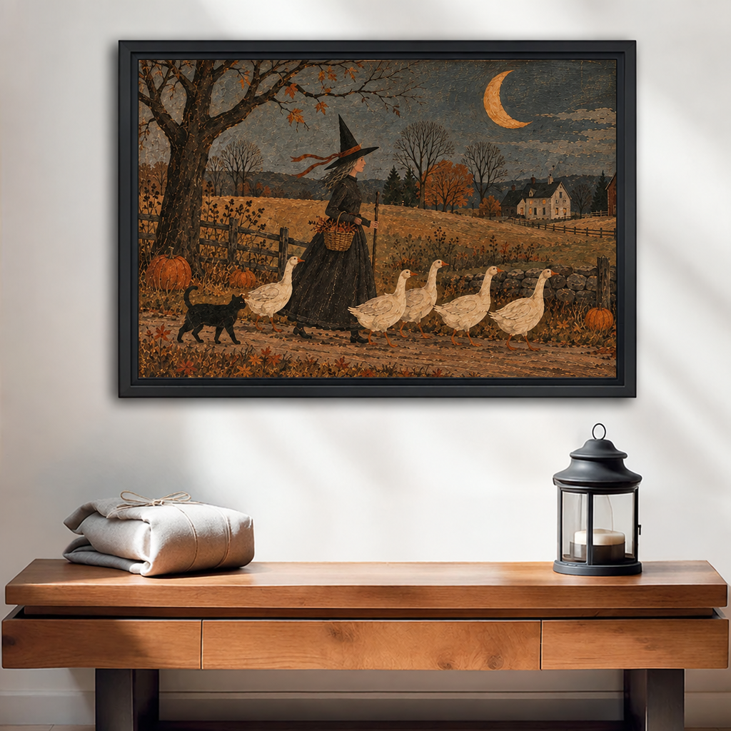 Black-framed folk art witch and geese wall art above a wooden console beside folded linens and a candle lantern.