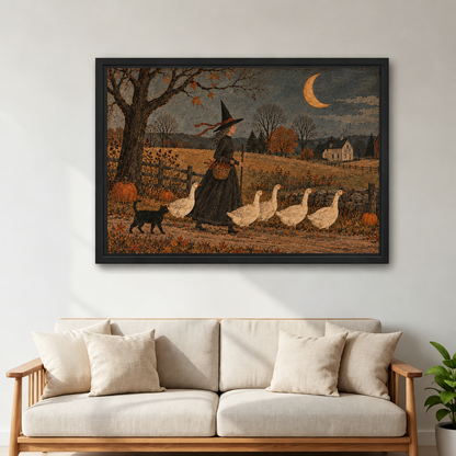 Framed folk art witch and geese wall art above a cream sofa with wooden arms beside a leafy plant.