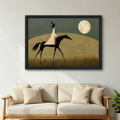 Folk art witch riding horse framed canvas wall art displayed above linen sofa in neutral living room