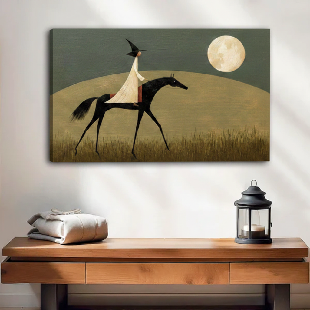 Unframed gallery wrap canvas of folk art witch on horseback with full moon in golden field above console