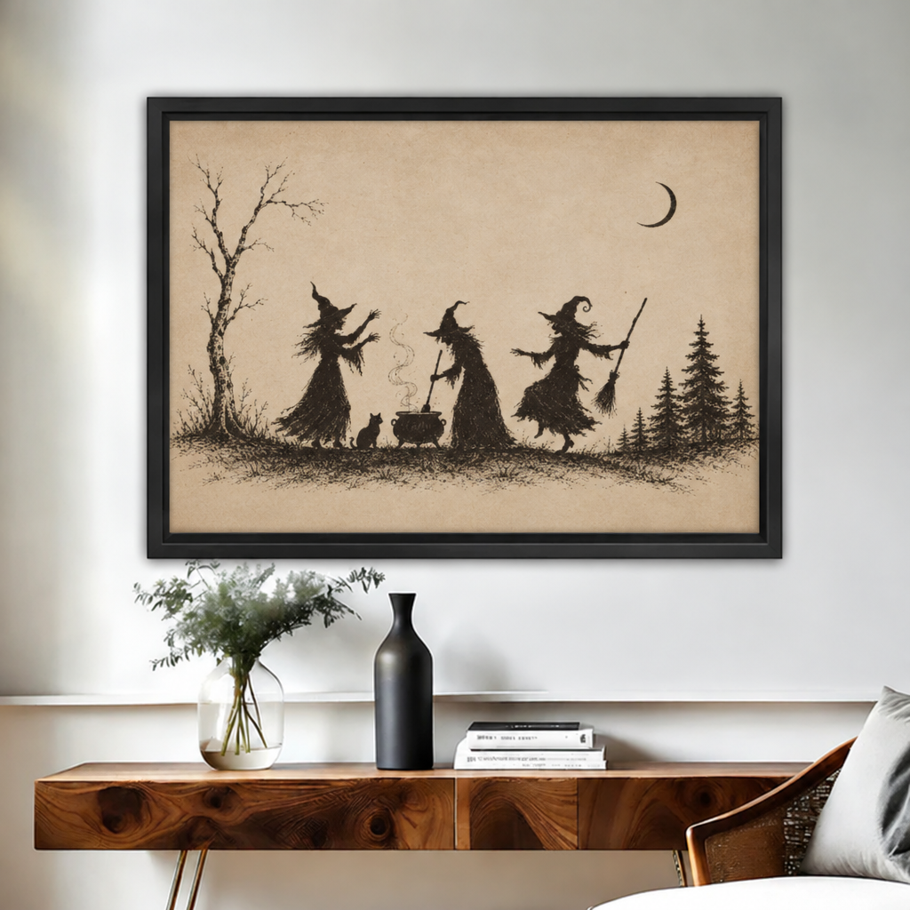 Primitive sepia ink drawing of three witch silhouettes brewing at cauldron with black cat crescent moon and pine trees framed canvas above walnut console table