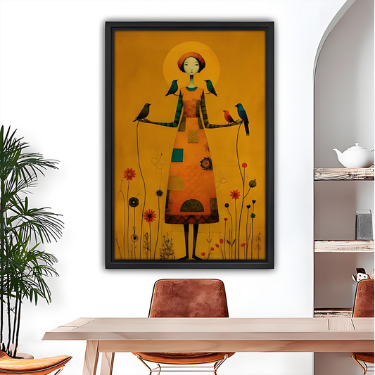 Folk art woman with colorful birds framed canvas wall art displayed in modern dining room golden floral illustration