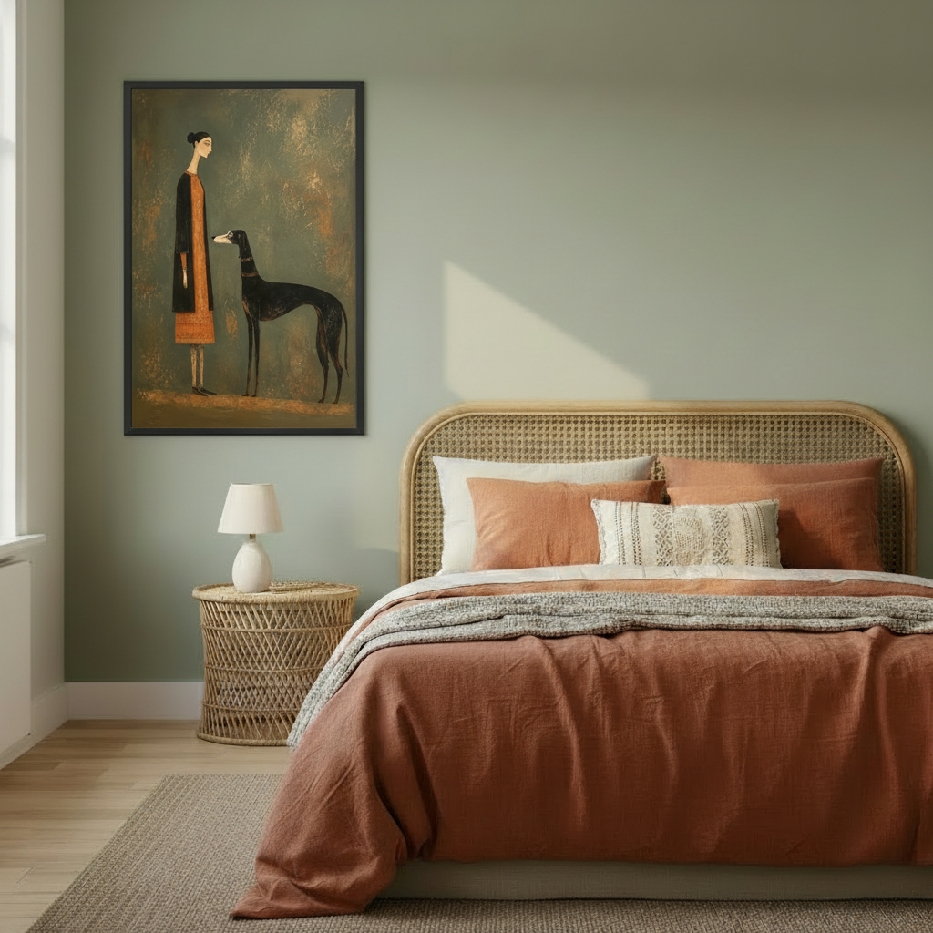 Folk art woman and greyhound framed canvas print on sage green bedroom wall above rattan bed with terracotta bedding