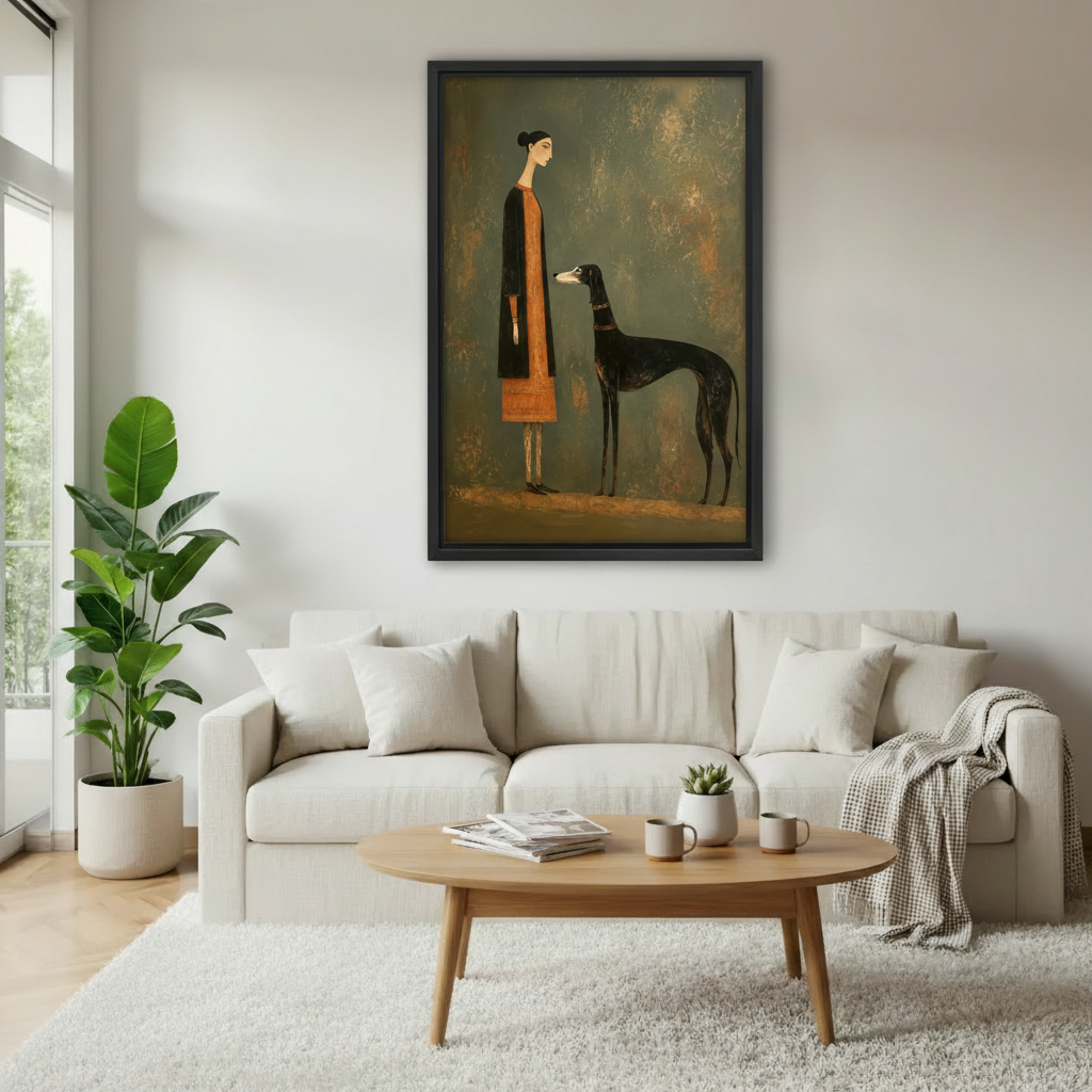 Smiling woman holding large black framed folk art greyhound canvas wall art in bright white studio