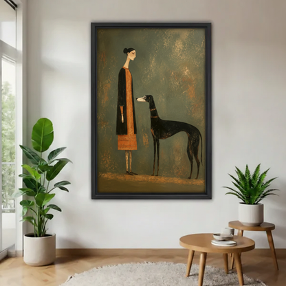 Folk art woman and greyhound framed canvas wall art displayed above a beige sofa in a cozy Scandinavian living room