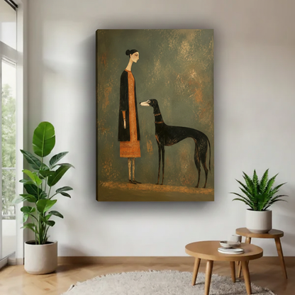 Woman and greyhound folk art gallery wrap canvas with visible side depth mounted on white wall beside indoor plants