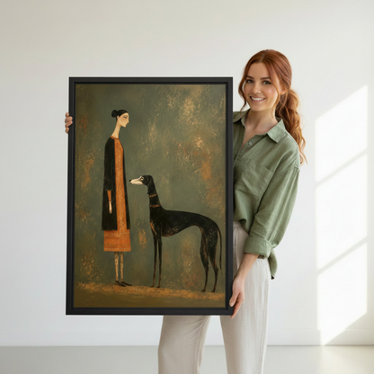 Woman and greyhound folk art gallery wrap canvas with visible side depth mounted on white wall beside indoor plants