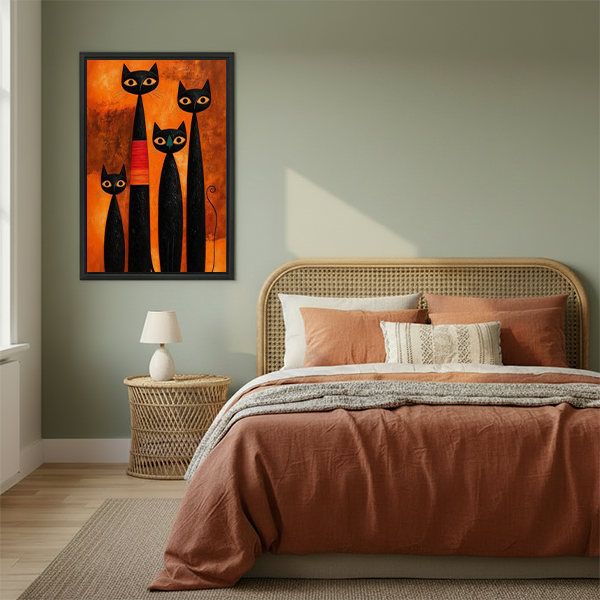 Black-framed four black cats canvas wall art in a modern folk style displayed beside plants and wooden nesting tables.