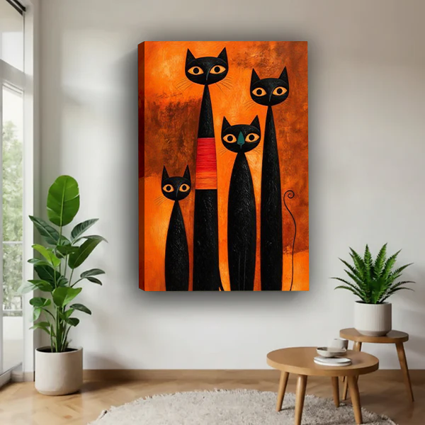 Framed four black cats canvas wall art on vivid orange displayed beside a rattan headboard and terracotta bedding.
