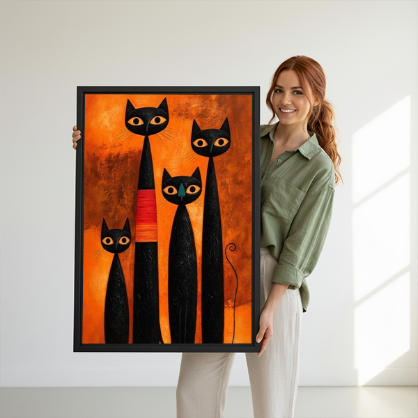 Gallery-wrap four black cats canvas wall art with elongated silhouettes displayed between potted plants above wooden tables.