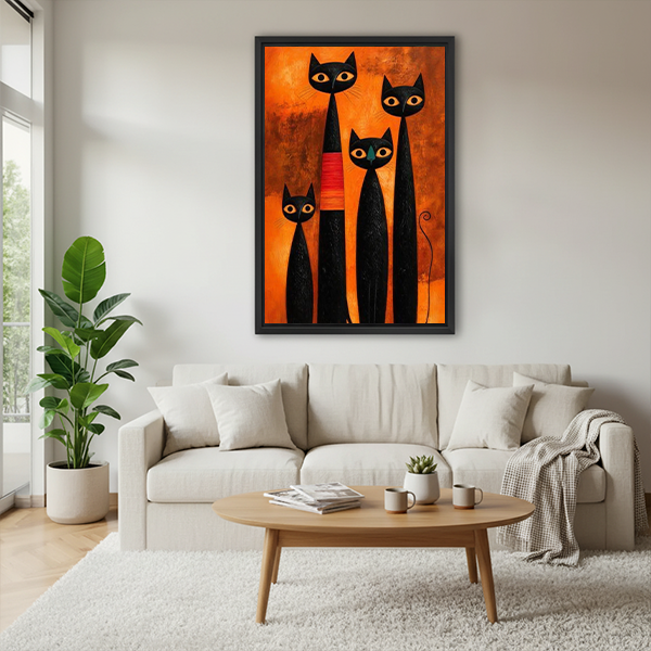Woman holding black-framed four black cats canvas wall art featuring golden eyes and a red-orange band on the tallest cat.
