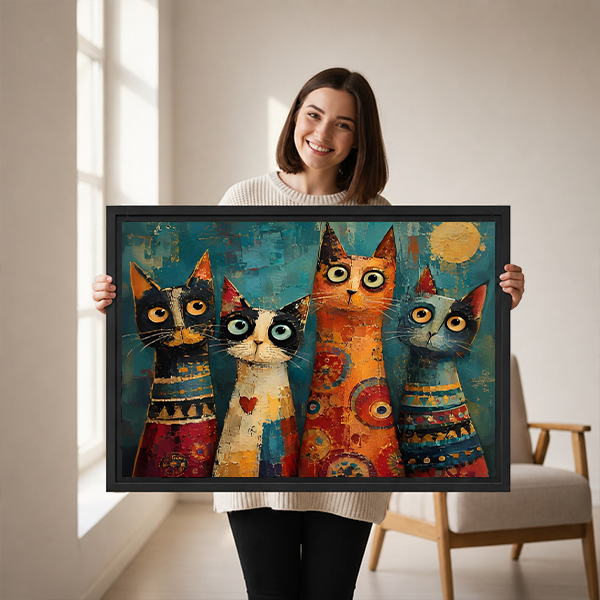 Framed four cats canvas wall art with wide-eyed feline portraits hanging over a white bed.