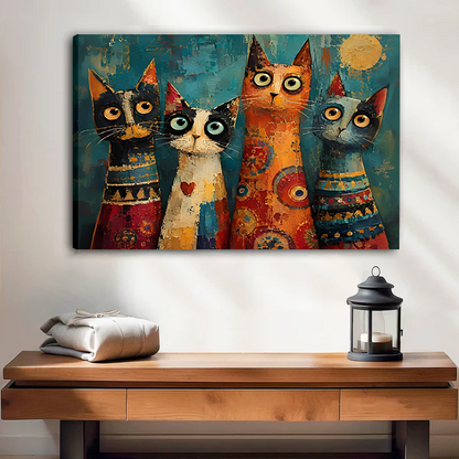 Colorful four cats canvas wall art displayed unframed above a console with folded fabric and lantern.