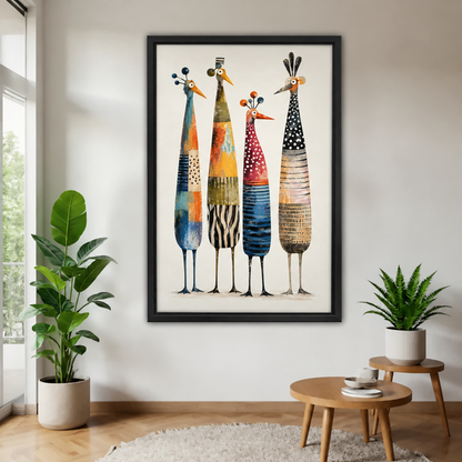 Black-framed four colorful birds canvas wall art displayed between leafy plants beside small wooden tables.