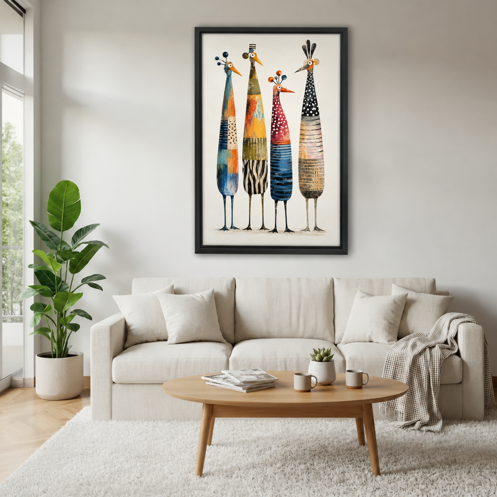  Framed four colorful birds canvas wall art above a cream sofa and oval wooden coffee table.