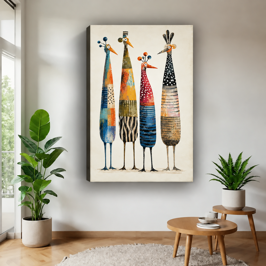 Gallery-wrapped four colorful birds canvas wall art featuring striped and dotted patterns near a bright window.