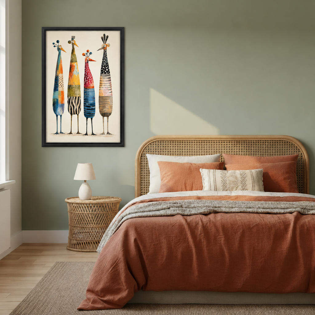 Four colorful birds canvas wall art beside a rattan bed with terracotta bedding against a sage wall.