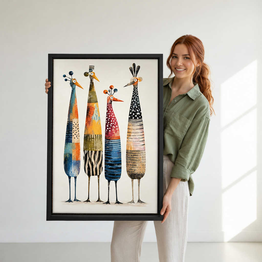 Woman holding black-framed four colorful birds canvas wall art with tall patterned birds on a cream background.