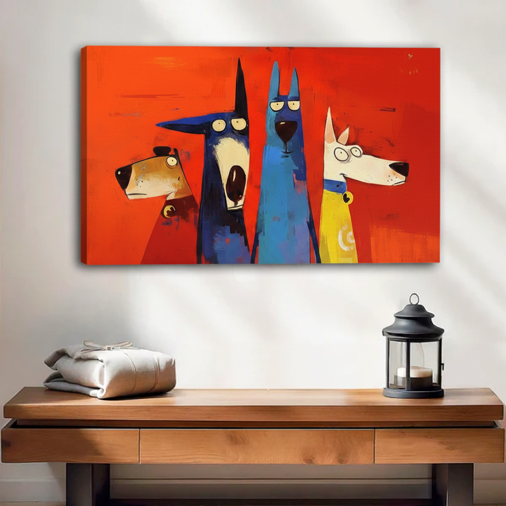 Unframed stretched canvas wall art featuring four expressive cartoon dogs in vibrant red, blue and yellow tones, hung above a wooden console