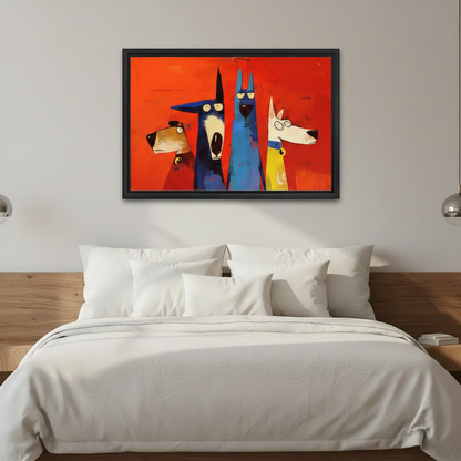Framed pop art canvas of four whimsical dogs in red, navy and blue, mounted above a white bedding bed in a minimalist bedroom
