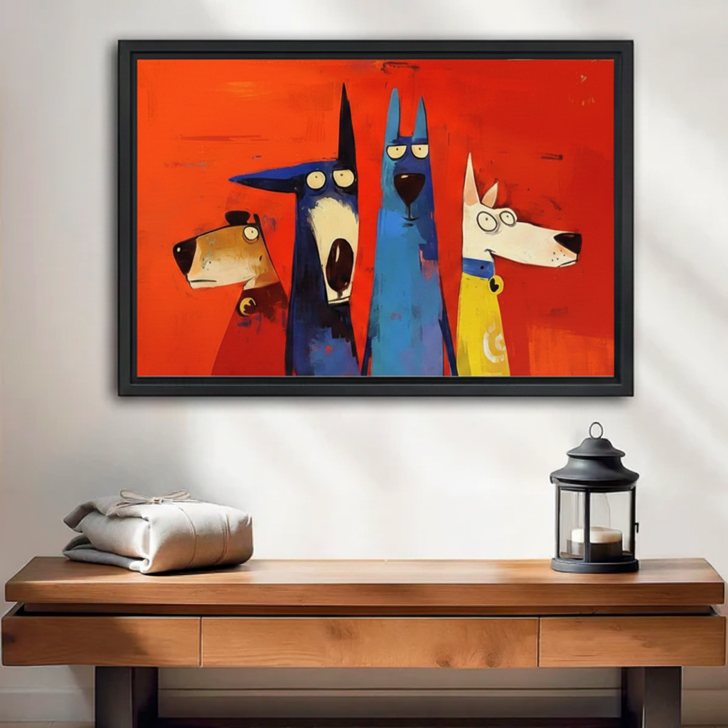 Framed canvas print of four quirky cartoon dogs on bold red background, displayed above a wooden console table