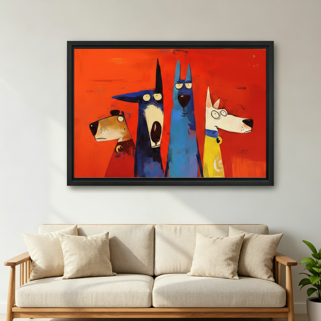 Bold pop art framed canvas of four stylised dogs against a vivid red background, styled above a neutral linen sofa in a modern living room